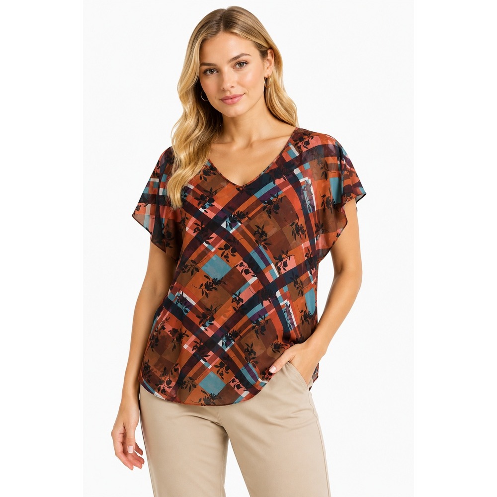 Cabi Womens Plaid Floral Sheer‎ Poncho Blouse Orange Teal V-Neck 3773 Large